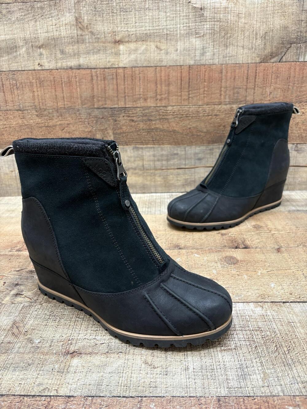 UGG Snow Boots Womens Size 11 42 Black Leather Wedge Ankle Zip Winter Lined